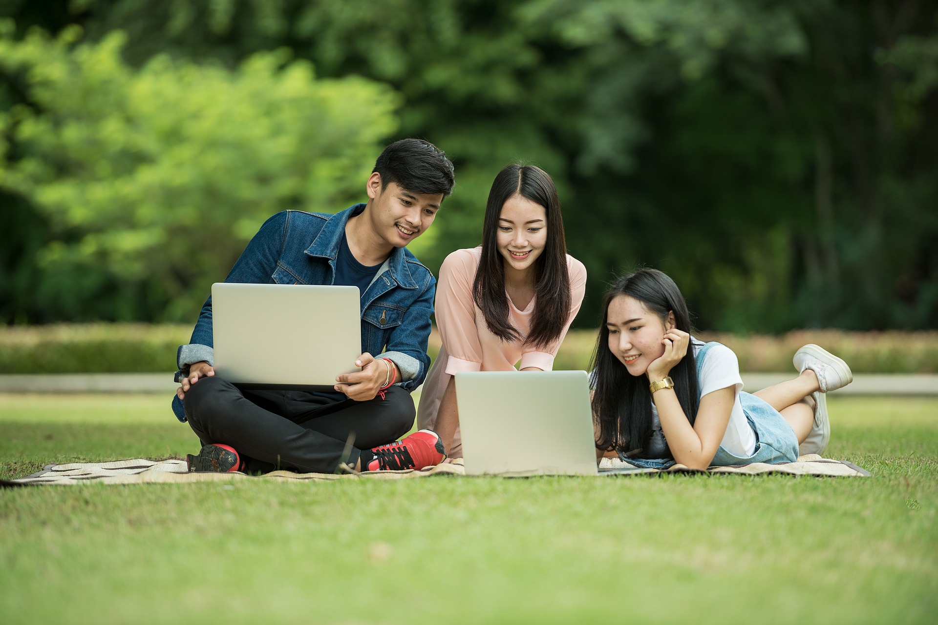 3 junge Erwachsene mit Laptops sitzen zusammen auf einer Wiese.